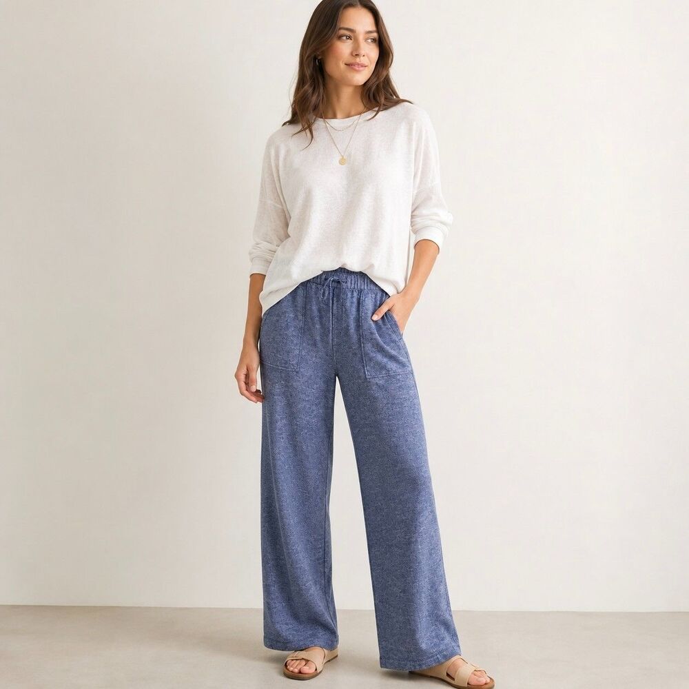 Gap Blue Linen Blend Wide Leg Pull On Pants Sz M Elastic Waist Pockets Coastal